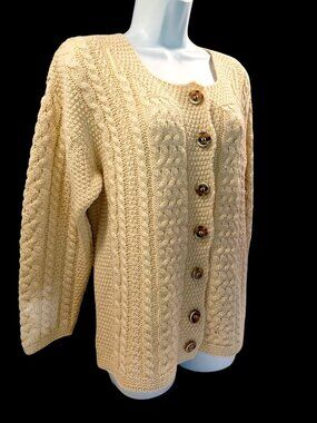 Aran Crafts Irish Wool Cable Knit Tan Cardigan Cottagecore Sweater Women's Med